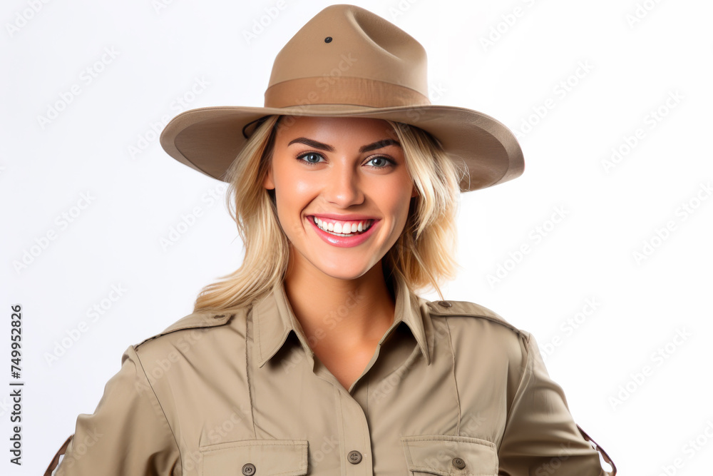 A portrait of a young female zookeeper, donning her safari uniform, stands against a solid background, exuding confidence and dedication. A portrait of a young female zookeeper, donning her safari uniform, stands against a solid background, exuding confidence and dedication.