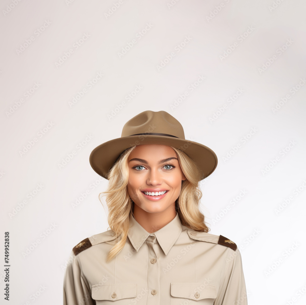 A portrait of a young female zookeeper, donning her safari uniform, stands against a solid background, exuding confidence and dedication. A portrait of a young female zookeeper, donning her safari uniform, stands against a solid background, exuding confidence and dedication.