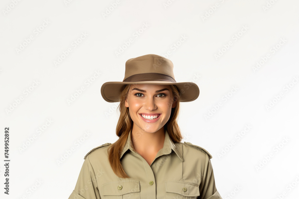 A portrait of a young female zookeeper, donning her safari uniform, stands against a solid background, exuding confidence and dedication. A portrait of a young female zookeeper, donning her safari uniform, stands against a solid background, exuding confidence and dedication.