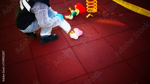 crime scene in a children's playground, where a child was kidnapped. the police present to catalog the evidence. swing and games seized.