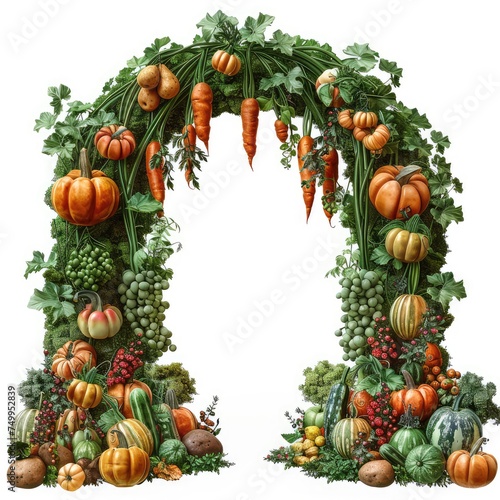 big arch made of small vegetables like pumpkin, pea pods, carrots and potatos © Klnpherch