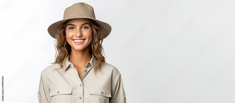 A portrait of a young female zookeeper, donning her safari uniform, stands against a solid background, exuding confidence and dedication. A portrait of a young female zookeeper, donning her safari uniform, stands against a solid background, exuding confidence and dedication.