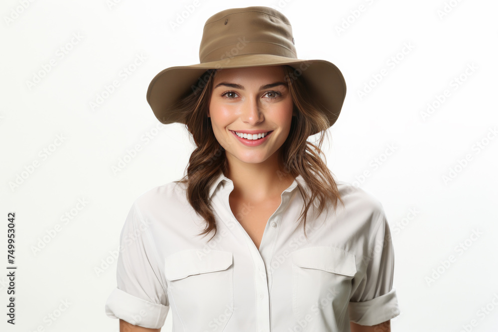 A portrait of a young female zookeeper, donning her safari uniform, stands against a solid background, exuding confidence and dedication. A portrait of a young female zookeeper, donning her safari uniform, stands against a solid background, exuding confidence and dedication.