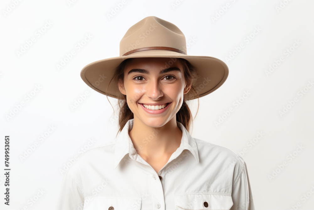 A portrait of a young female zookeeper, donning her safari uniform, stands against a solid background, exuding confidence and dedication. A portrait of a young female zookeeper, donning her safari uniform, stands against a solid background, exuding confidence and dedication.