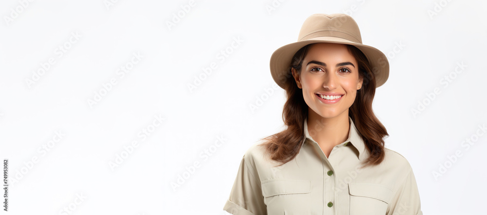 A portrait of a young female zookeeper, donning her safari uniform, stands against a solid background, exuding confidence and dedication. A portrait of a young female zookeeper, donning her safari uniform, stands against a solid background, exuding confidence and dedication.