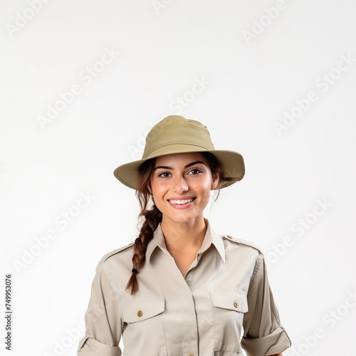 A portrait of a young female zookeeper, donning her safari uniform, stands against a solid background, exuding confidence and dedication.