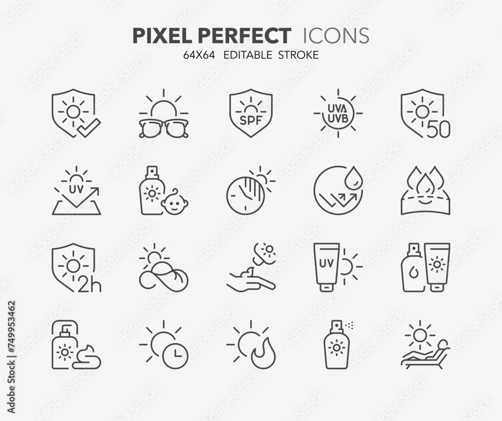 Line icons about sun protection. Outline symbol collection. Editable vector stroke. 64x64 Pixel Perfect.