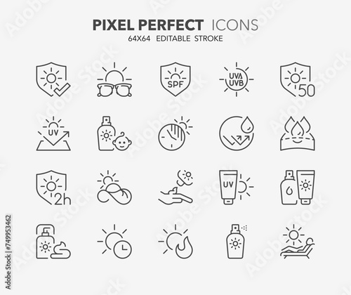 Line icons about sun protection. Outline symbol collection. Editable vector stroke. 64x64 Pixel Perfect.