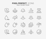 Line icons about waterproof fabrics and absorbent fabrics. Outline symbol collection. Editable vector stroke. 64x64 Pixel Perfect.