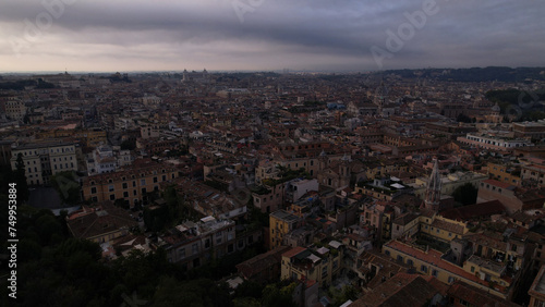 Aerial view of the cityscape of Rome, center of "The Eternal City" with historic houses and narrow streets - landscape panorama of Italy from above, Europe.