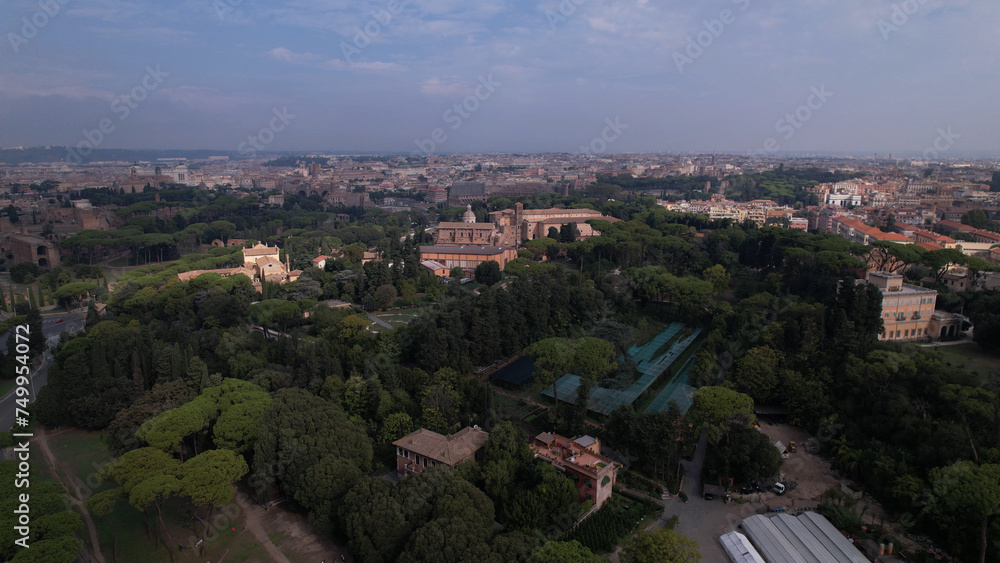 Fototapeta premium Aerial view of the Colosseum in Rome, Italy. The ancient Roman Colosseum is one of the main tourist attractions in Europe.