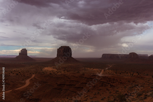 The Monument Valley Navajo Tribal Park in Arizona  USA. View of the East Mitten Butte  Merrick Butte  Elephant Butte  and the Artist s Point Monuments during a storm.