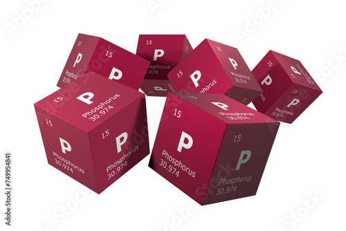 Phosphorus, 3D rendering of symbols of the elements of the periodic table, atomic number, atomic weight, name and symbol. Education, science and technology. 3D illustration