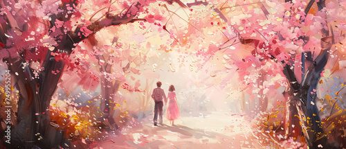 Couple Walking Through Blossom-Filled Path Painting
