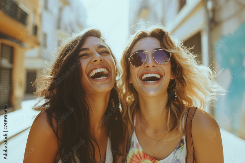 Happy girlfriends having fun laughing out loud on city street Happy girlfriends having fun laughing out loud on city street