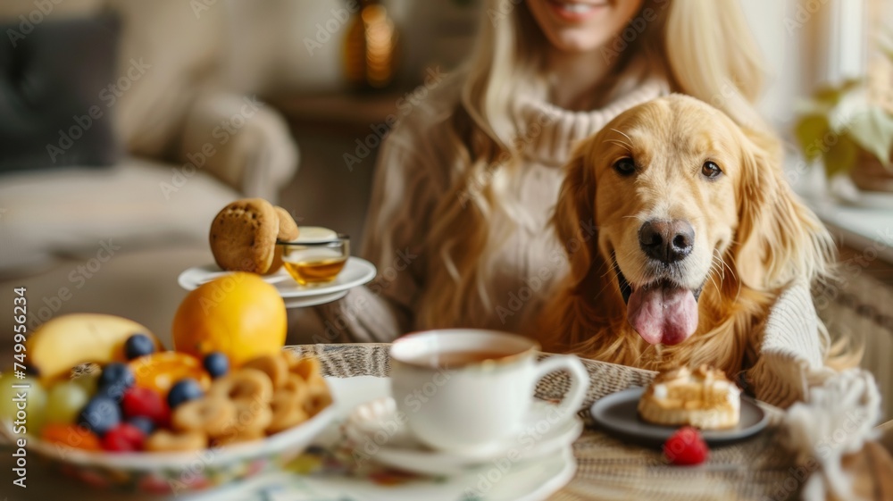 A woman is with a cute golden retriever dog in the house. A woman is with a cute golden retriever dog in the house.