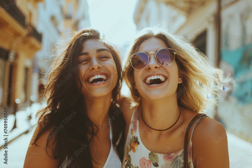 Fototapeta premium Happy girlfriends having fun laughing out loud on city street