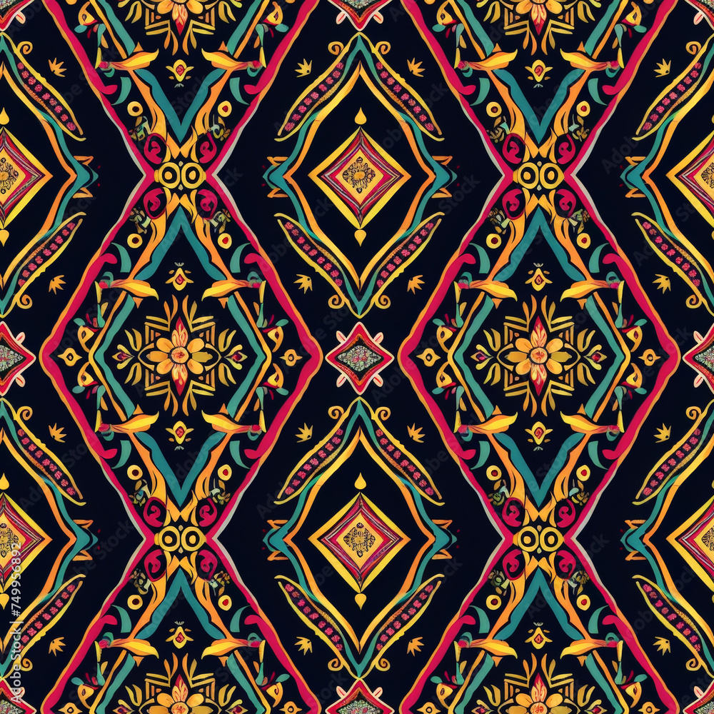 A colorful patterned design with a flower in the center