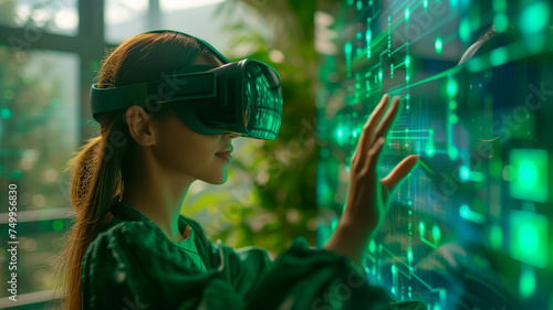 Woman wearing VR glasses at multimedia desk in office. With an outstretched hand to the green diodes