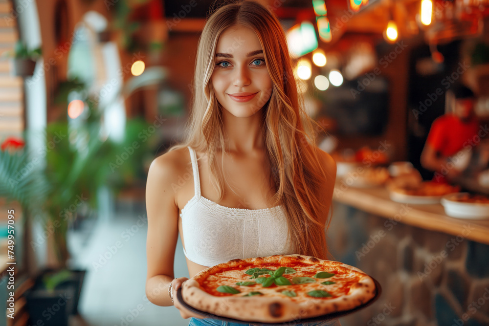Pretty girl serving delicious pizza at the street of restaurant