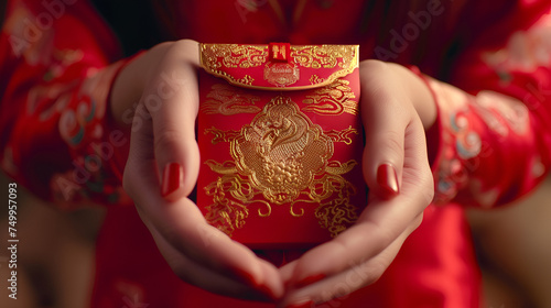 Hands holding chinese new year red gift envelope. generative ai