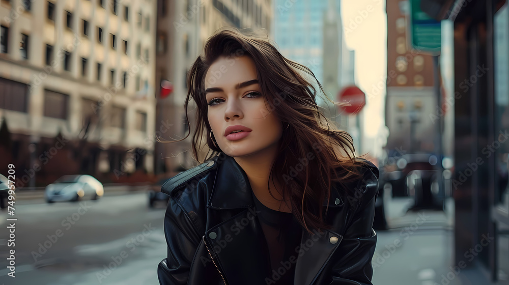 Elegant Woman Posing on a Busy City Street