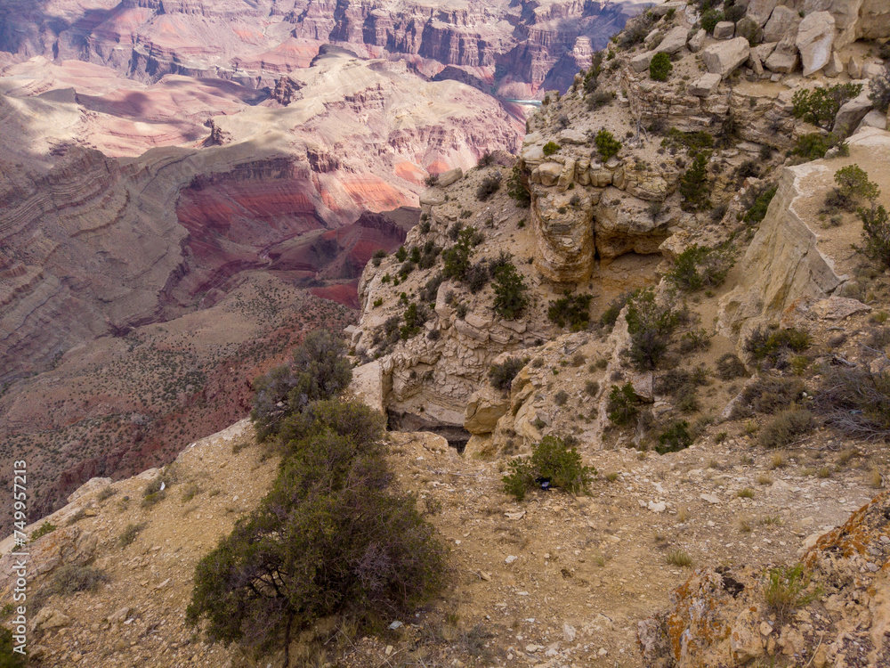 The South Rim of the Grand Canyon National Park, carved by the Colorado River in Arizona, USA. Unique natural geological formation. The Yaki Point.