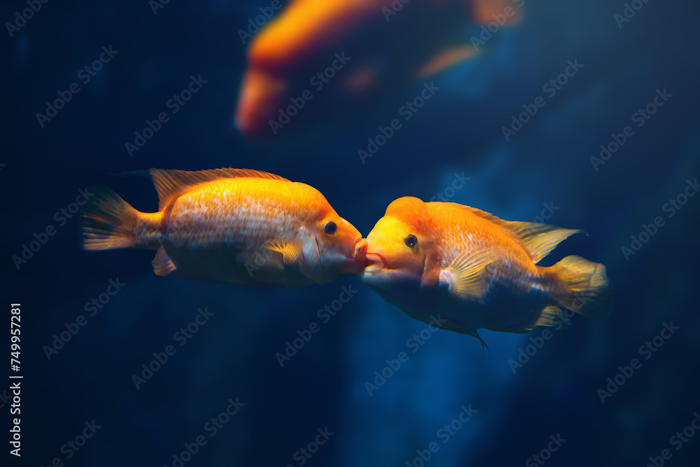 Fototapeta premium Pair of Midas Cichlid kissing (Amphilophus citrinellus) - Freshwater Fish