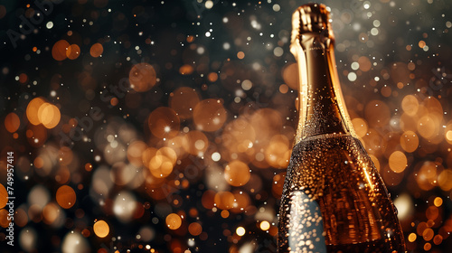 bottle of champagne with a cork on a dark blurred background. © EvhKorn
