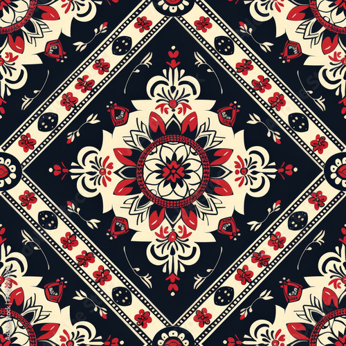 A black and white patterned rug with red and white flowers