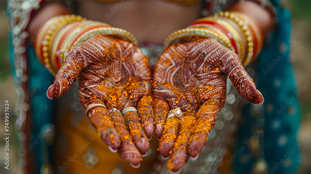 Naklejka premium Henna Artistry: The Bride Canvas of Culture and Tradition.