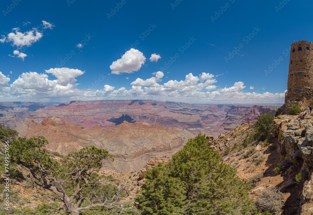 Grand Canyon Village, Arizona, USA, June 24, 2022: Desert View Watchtower, located at Desert View Point, South Rim of the Grand Canyon National Park.