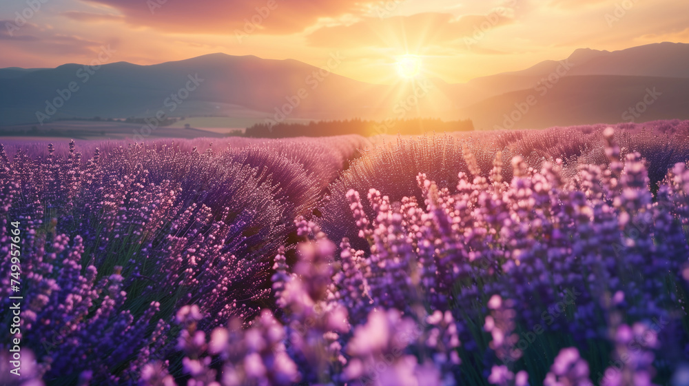 Fototapeta premium beautiful lavender fields in the summer sunset