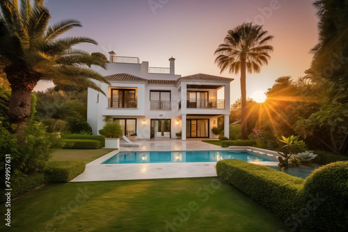 Villa with swimming pool. Spanish house Real Estate. Villa in Costa Blanca, Spain. Modern apartment buildings, House Facade exterior design. Luxury Villa exterior with green garden and palm trees. © MaxSafaniuk