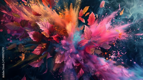 Colorful Explosion of Paint and Leaves