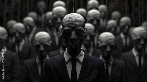 Cybernetic Surrealism Men Standing Behind Giant Heads photo