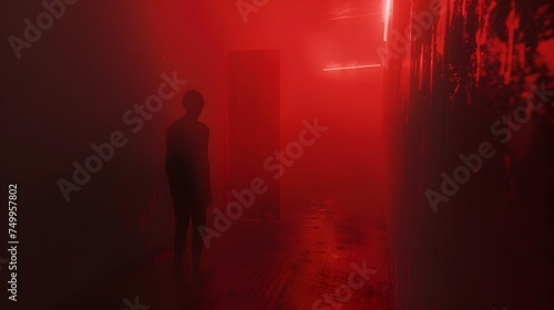 Ethereal Red Hallway with Silhouette Figure