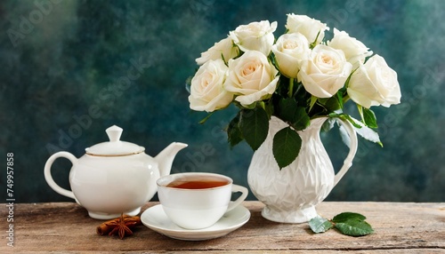 vase of white roses with tea