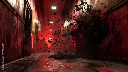 Explosive Red Hallway with Paint Splatters and Graffiti photo