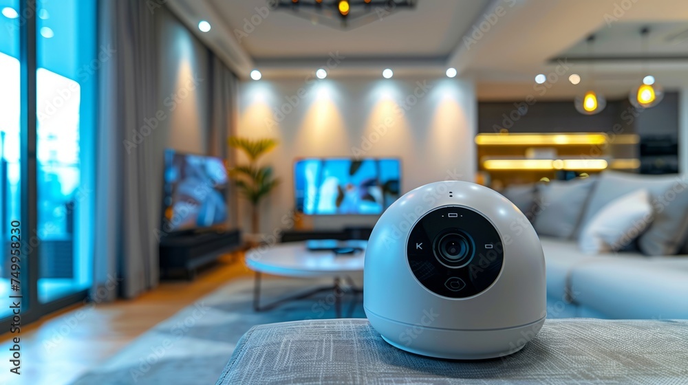 a home security camera in the modern minimal living room. security technology, smart digital lifestyle home automation control online futuristic. camera, iot, guard, sensor, cctv, home a home security camera in the modern minimal living room. security technology, smart digital lifestyle home automation control online futuristic. camera, iot, guard, sensor, cctv, home