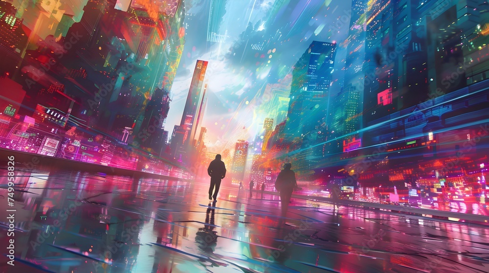 Vibrant Digital Painting of a Futuristic City Street at Dusk Vibrant Digital Painting of a Futuristic City Street at Dusk