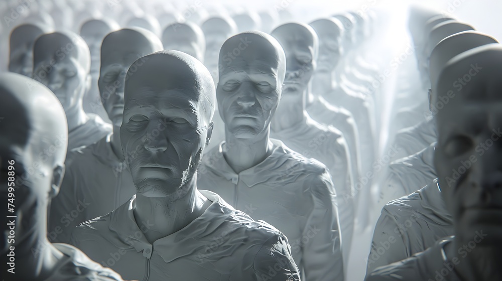 Obraz premium White Plastic Human Figures Standing in a Line in a Sci-Fi Context