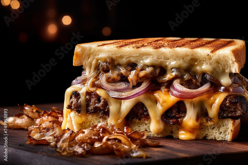 Juicy sandwich with fresh cheese, onion on a toasted bun.