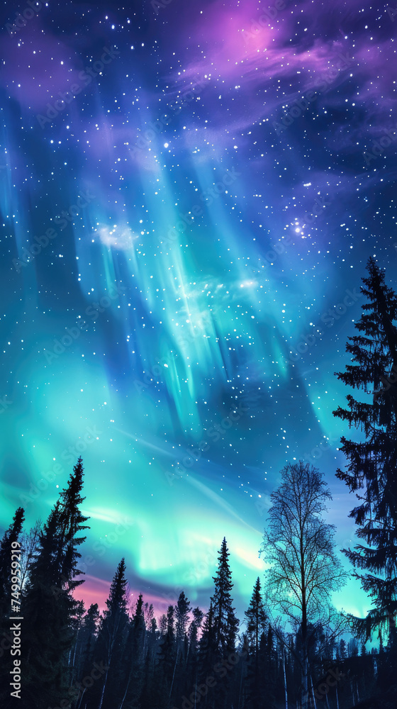 Enchanting Northern Lights above a forest - Stunning portrayal of the Aurora Borealis dancing in the night sky over a tranquil pine forest