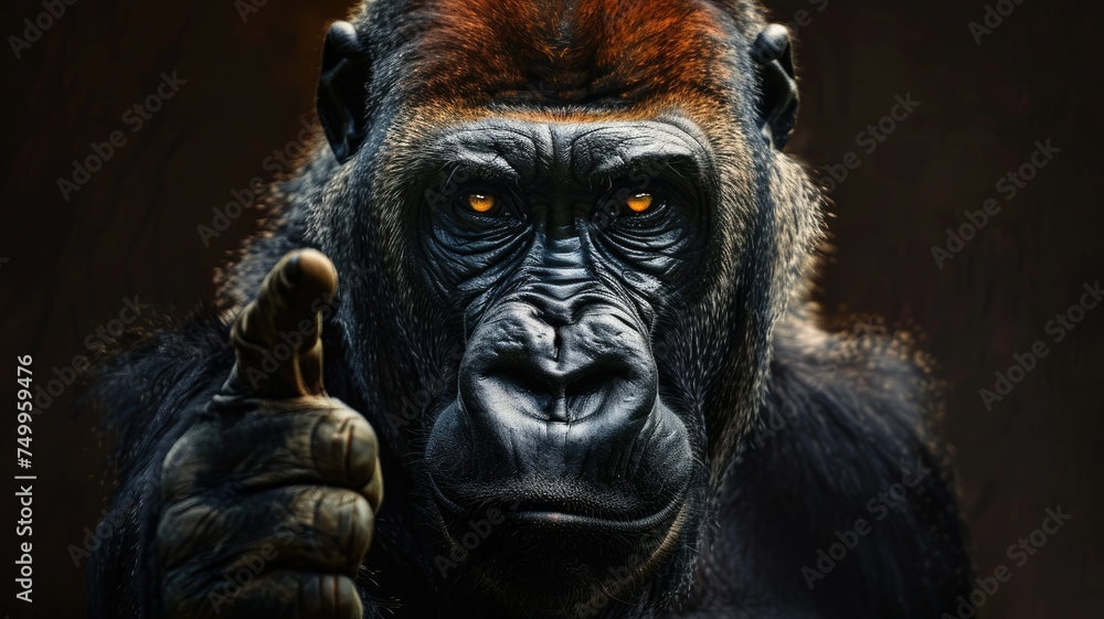 Gorilla making a pointing gesture, dramatic lighting - A detailed capture of a gorilla making a pointing gesture with suspenseful lighting emphasizing its features