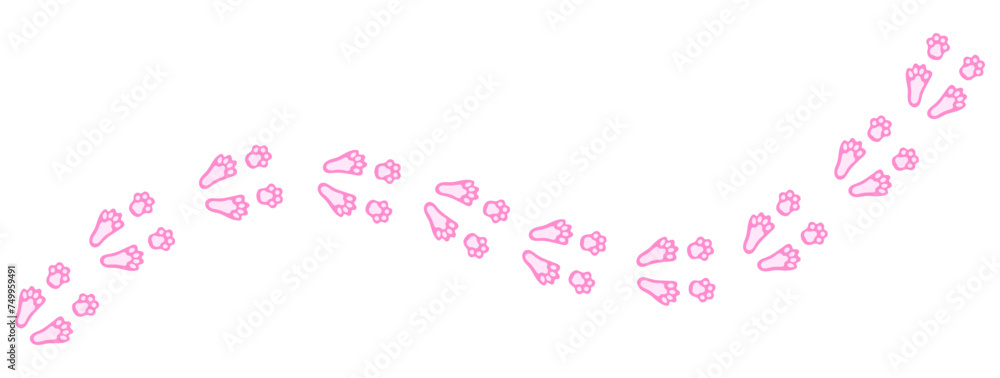 Funny pink rabbit or hare paw footprints forming a diagonal trail. Easter Bunny tracks. Cartoon cat paw prints in pink. Vector isolated on white. For pet shop, print, textile, game, postcard, zoo Funny pink rabbit or hare paw footprints forming a diagonal trail. Easter Bunny tracks. Cartoon cat paw prints in pink. Vector isolated on white. For pet shop, print, textile, game, postcard, zoo