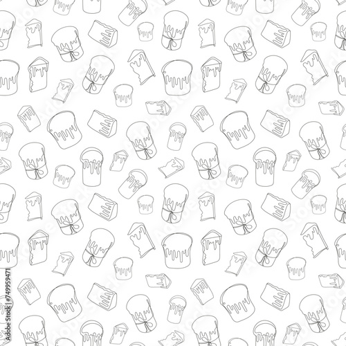Seamless pattern of Easter Kulich cakes with icing. Continuous one line drawing. Traditional Ukrainian Easter cupcakes. Black and white vector isolated on white. For print, textile, wrapping paper