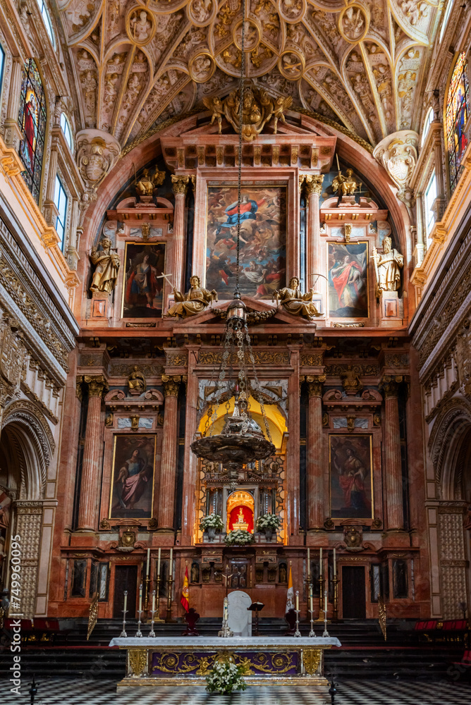 Christian chapel with its main altar inside the cathedral mosque of Cordoba, the Christian area of the Arab monument. Andalucia.