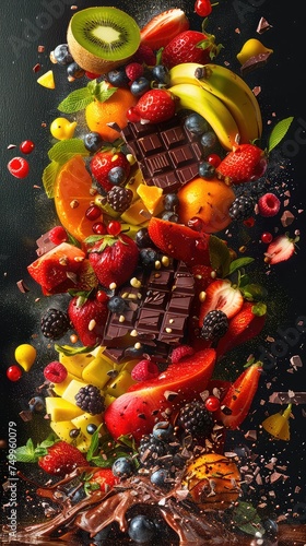 an explosion of fruits and chocolate  painted light background