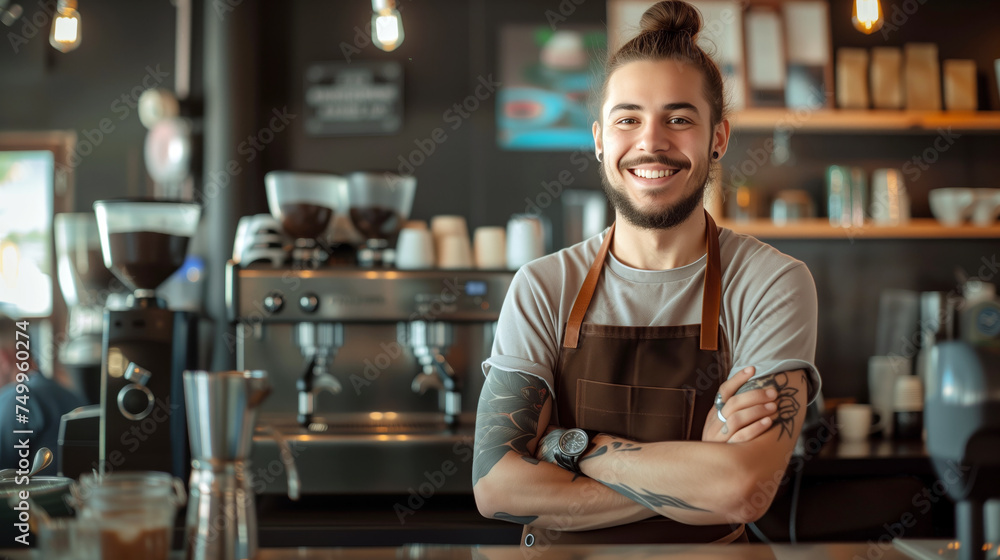 Smiling barista standing with arms crossed in a coffee shop Smiling barista standing with arms crossed in a coffee shop